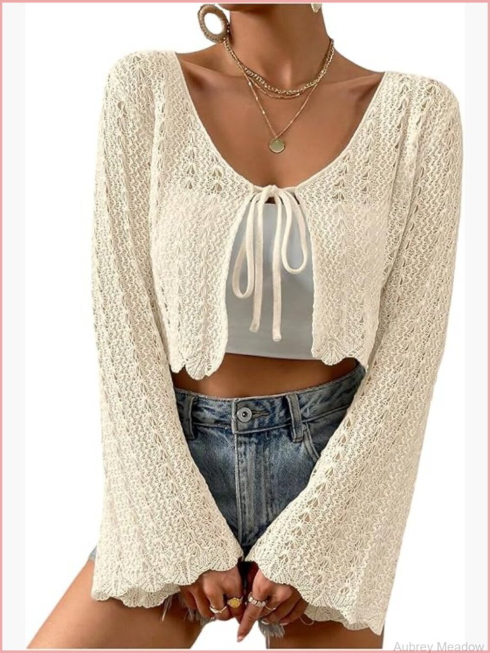 Tie Front Cardigan Crop Top Trumpet Sleeve Pointelle Knit Lightweight Sheer